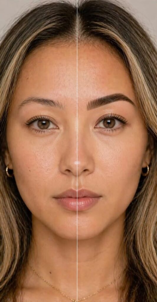 Satu wajah, alis di satu sisi sebelum dan di sisi lain sesudah powder brow
