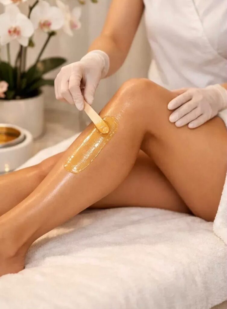 Waxing full leg, wax dioleskan dengan spatula